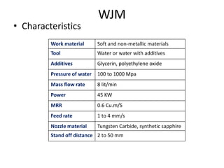 WJM
• Characteristics
Work material Soft and non-metallic materials
Tool Water or water with additives
Additives Glycerin, polyethylene oxide
Pressure of water 100 to 1000 Mpa
Mass flow rate 8 lit/min
Power 45 KW
MRR 0.6 Cu.m/S
Feed rate 1 to 4 mm/s
Nozzle material Tungsten Carbide, synthetic sapphire
Stand off distance 2 to 50 mm
 
