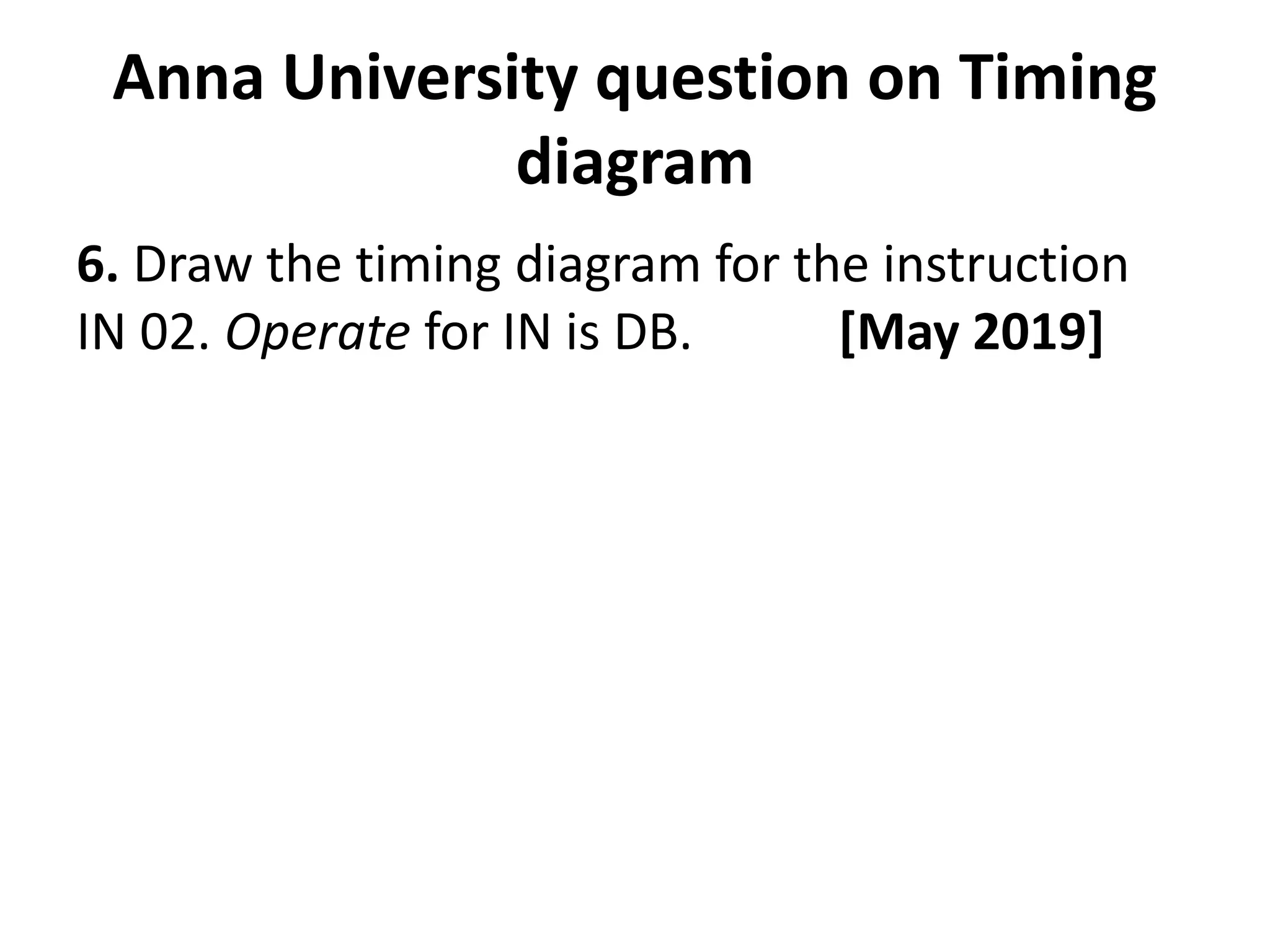 Anna University question on Timing
diagram
6. Draw the timing diagram for the instruction
IN 02. Operate for IN is DB. [May 2019]
 