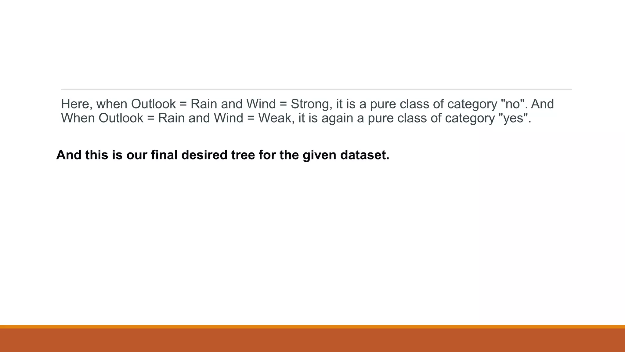 Here, when Outlook = Rain and Wind = Strong, it is a pure class of category "no". And
When Outlook = Rain and Wind = Weak, it is again a pure class of category "yes".
And this is our final desired tree for the given dataset.
 