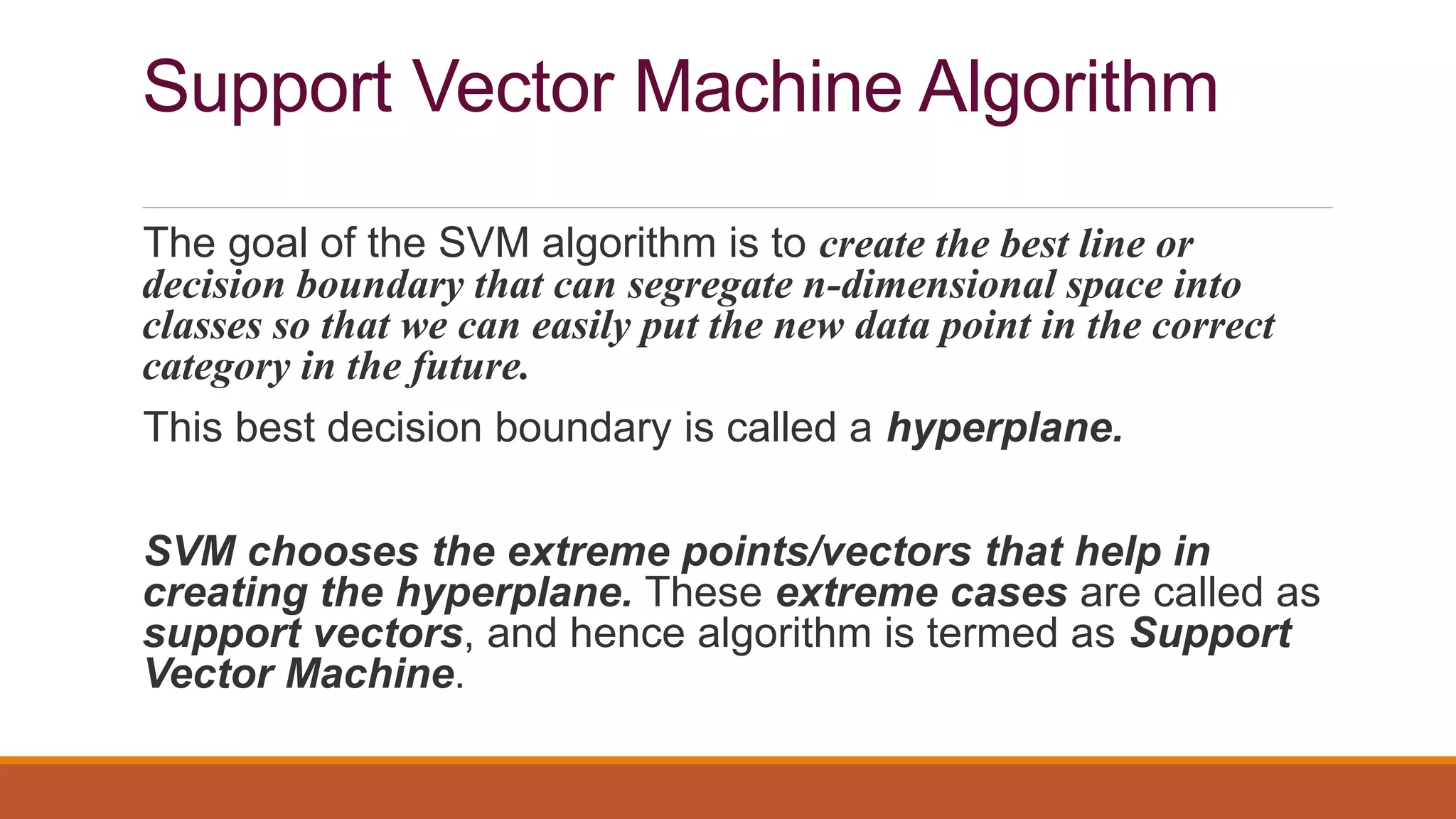 Support Vector Machine Algorithm
The goal of the SVM algorithm is to create the best line or
decision boundary that can segregate n-dimensional space into
classes so that we can easily put the new data point in the correct
category in the future.
This best decision boundary is called a hyperplane.
SVM chooses the extreme points/vectors that help in
creating the hyperplane. These extreme cases are called as
support vectors, and hence algorithm is termed as Support
Vector Machine.
 