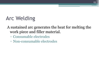 Arc Welding
A sustained arc generates the heat for melting the
work piece and filler material.
▫ Consumable electrodes
▫ Non-consumable electrodes
15
 