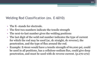 Welding Rod Classification (ex. E-6010)
• The E- stands for electrode.
• The first two numbers indicate the tensile strength
• The next-to-last number gives the welding positions
• The last digit of the weld rod number indicates the type of current
for which the rod may be used (ac, dc straight, dc reverse), the
penetration, and the type of flux around the rod.
• Example: E-6010 would have a tensile strength of 60,000 psi, could
be used in all positions, has a cellulose-sodium flux, could give deep
penetration, and must be used with dc reverse current. (p.270-272)
20
 
