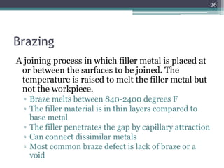 Brazing
A joining process in which filler metal is placed at
or between the surfaces to be joined. The
temperature is raised to melt the filler metal but
not the workpiece.
▫ Braze melts between 840-2400 degrees F
▫ The filler material is in thin layers compared to
base metal
▫ The filler penetrates the gap by capillary attraction
▫ Can connect dissimilar metals
▫ Most common braze defect is lack of braze or a
void
26
 