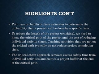 HIGHLIGHTS CON’T
• Pert uses probabilistic time estimates to determine the
probability that a project will be done by a specific time.
• To reduce the length of the project (crashing), we need to
know the critical path of the project and the cost of reducing
individual activity times. Crashing activities that are not on
the critical path typically do not reduce project completion
time.
• The critical chain approach removes excess safety time from
individual activities and creates a project buffer at the end
of the critical path.
 