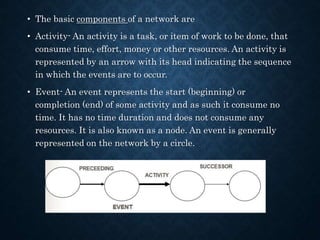 • The basic components of a network are
• Activity- An activity is a task, or item of work to be done, that
consume time, effort, money or other resources. An activity is
represented by an arrow with its head indicating the sequence
in which the events are to occur.
• Event- An event represents the start (beginning) or
completion (end) of some activity and as such it consume no
time. It has no time duration and does not consume any
resources. It is also known as a node. An event is generally
represented on the network by a circle.
 