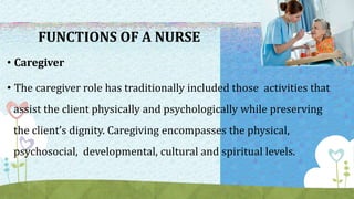 FUNCTIONS OF A NURSE
• Caregiver
• The caregiver role has traditionally included those activities that
assist the client physically and psychologically while preserving
the client’s dignity. Caregiving encompasses the physical,
psychosocial, developmental, cultural and spiritual levels.
 