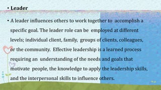 • Leader
• A leader influences others to work together to accomplish a
specific goal. The leader role can be employed at different
levels; individual client, family, groups of clients, colleagues,
or the community. Effective leadership is a learned process
requiring an understanding of the needs and goals that
motivate people, the knowledge to apply the leadership skills,
and the interpersonal skills to influence others.
 