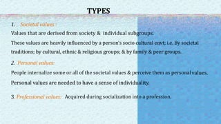 TYPES
1. Societal values :
Values that are derived from society & individual subgroups.
These values are heavily influenced by a person’s socio cultural envt; i.e. By societal
traditions; by cultural, ethnic & religious groups; & by family & peer groups.
2. Personal values:
People internalize some or all of the societal values & perceive them as personalvalues.
Personal values are needed to have a sense of individuality.
3. Professional values: Acquired during socialization into a profession.
 