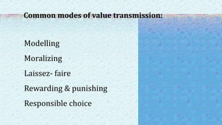 Common modes of value transmission:
Modelling
Moralizing
Laissez- faire
Rewarding & punishing
Responsible choice
 
