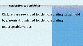 Rewarding & punishing
Children are rewarded for demonstrating values held
by parents & punished for demonstrating
unacceptable values.
 