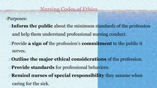Nursing Codes of Ethics
Purposes:
Inform the public about the minimum standards of the profession
and help them understand professional nursing conduct.
Provide a sign of the profession’s commitment to the public it
serves.
Outline the major ethical considerations of the profession.
Provide standards for professional behaviors.
Remind nurses of special responsibility they assume when
caring for the sick.
 