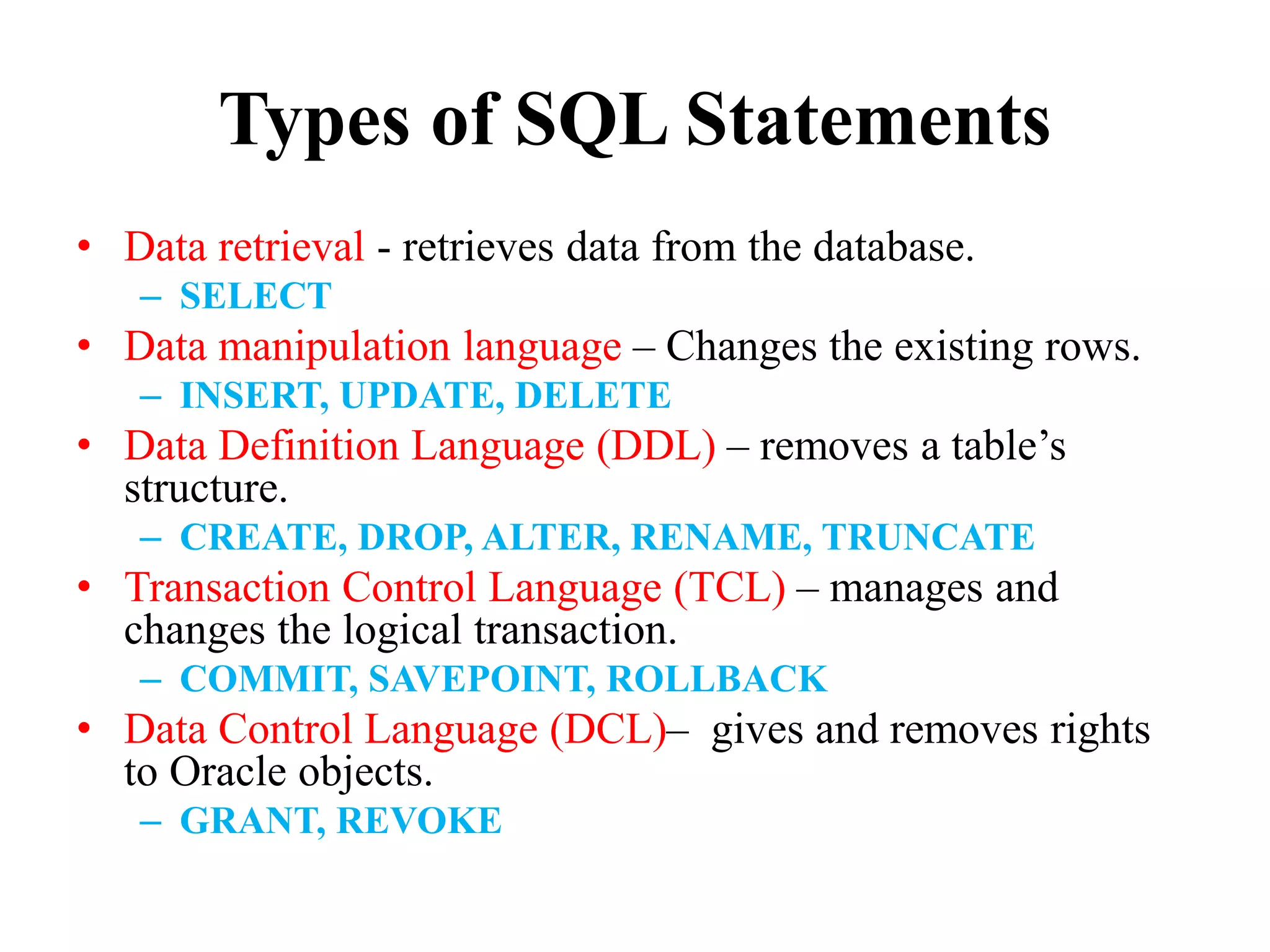 Types of SQL Statements
• Data retrieval - retrieves data from the database.
– SELECT
• Data manipulation language – Changes the existing rows.
– INSERT, UPDATE, DELETE
• Data Definition Language (DDL) – removes a table’s
structure.
– CREATE, DROP, ALTER, RENAME, TRUNCATE
• Transaction Control Language (TCL) – manages and
changes the logical transaction.
– COMMIT, SAVEPOINT, ROLLBACK
• Data Control Language (DCL)– gives and removes rights
to Oracle objects.
– GRANT, REVOKE
 