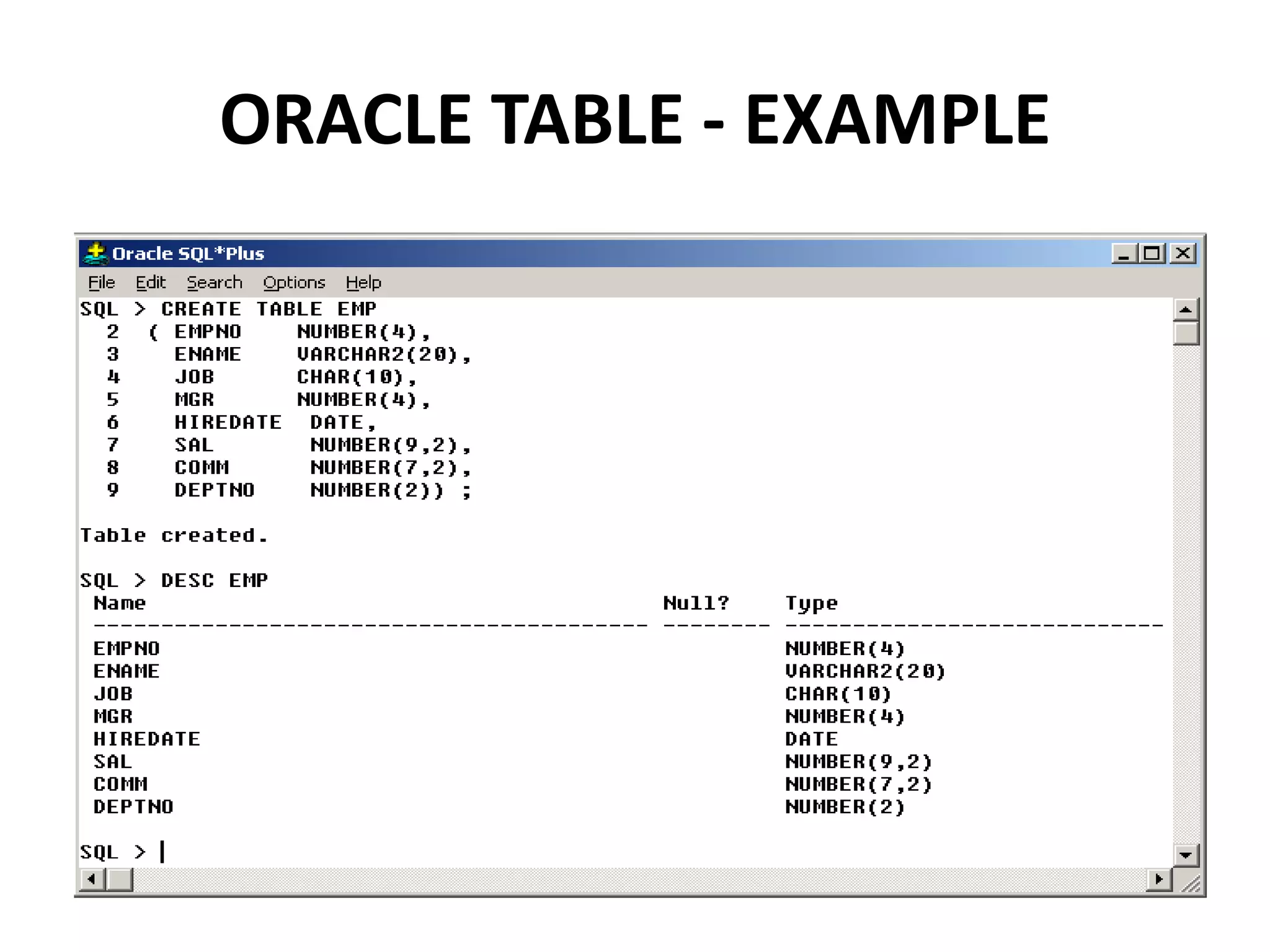 ORACLE TABLE - EXAMPLE
 