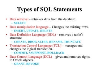Types of SQL Statements
• Data retrieval - retrieves data from the database.
– SELECT
• Data manipulation language – Changes the existing rows.
– INSERT, UPDATE, DELETE
• Data Definition Language (DDL) – removes a table’s
structure.
– CREATE, DROP, ALTER, RENAME, TRUNCATE
• Transaction Control Language (TCL) – manages and
changes the logical transaction.
– COMMIT, SAVEPOINT, ROLLBACK
• Data Control Language (DCL)– gives and removes rights
to Oracle objects.
– GRANT, REVOKE
 