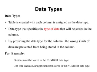 Data Types
Data Types
• Table is created with each column is assigned as the data type.
• Data type that specifies the type of data that will be stored in the
column.
• By providing the data type for the column , the wrong kinds of
data are prevented from being stored in the column.
For Example:
Smith cannot be stored in the NUMBER data type.
Job title such as Manager cannot be stored in the NUMBER data type
 