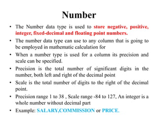 Number
• The Number data type is used to store negative, positive,
integer, fixed-decimal and floating point numbers.
• The number data type can use to any column that is going to
be employed in mathematic calculation for
• When a number type is used for a column its precision and
scale can be specified.
• Precision is the total number of significant digits in the
number, both left and right of the decimal point
• Scale is the total number of digits to the right of the decimal
point.
• Precision range 1 to 38 , Scale range -84 to 127, An integer is a
whole number without decimal part
• Example: SALARY,COMMISSION or PRICE.
 