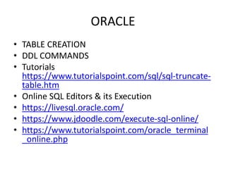 ORACLE
• TABLE CREATION
• DDL COMMANDS
• Tutorials
https://www.tutorialspoint.com/sql/sql-truncate-
table.htm
• Online SQL Editors & its Execution
• https://livesql.oracle.com/
• https://www.jdoodle.com/execute-sql-online/
• https://www.tutorialspoint.com/oracle_terminal
_online.php
 