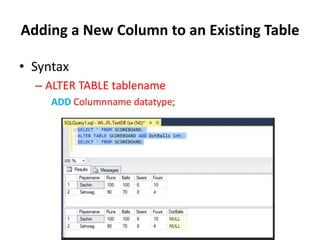 Adding a New Column to an Existing Table
• Syntax
– ALTER TABLE tablename
ADD Columnname datatype;
 
