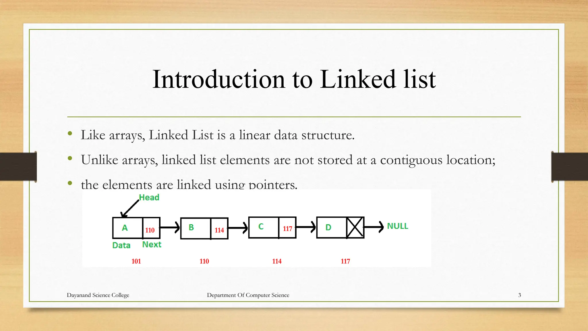 Introduction to Linked list
• Like arrays, Linked List is a linear data structure.
• Unlike arrays, linked list elements are not stored at a contiguous location;
• the elements are linked using pointers.
101 110 114 117
110 114 117
Dayanand Science College Department Of Computer Science 3
 