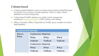 Column-based
 Column-oriented databases work on columns and are based on BigTable paper
by Google. Every column is treated separately. Values of single column
databases are stored contiguously.
 Column-based NoSQL databases are widely used to manage data
warehouses, business intelligence, CRM, Library card catalogs,
 HBase, Cassandra, HBase, Hypertable are NoSQL query examples of column
based database.
 