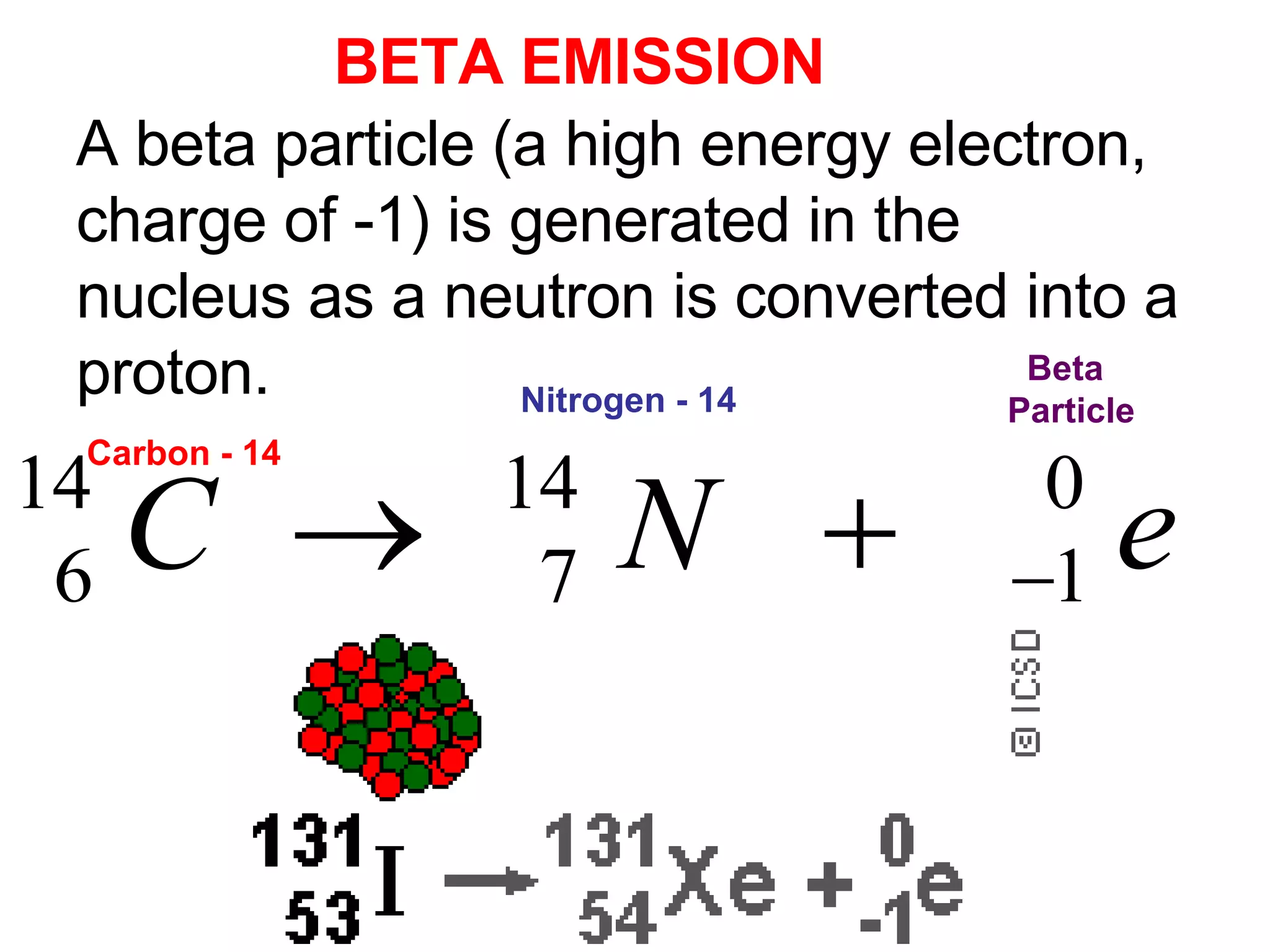 BETA EMISSION  A beta particle (a high energy electron, charge of -1) is generated in the nucleus as a neutron is converted into a proton. Carbon - 14 Nitrogen - 14 Beta Particle 