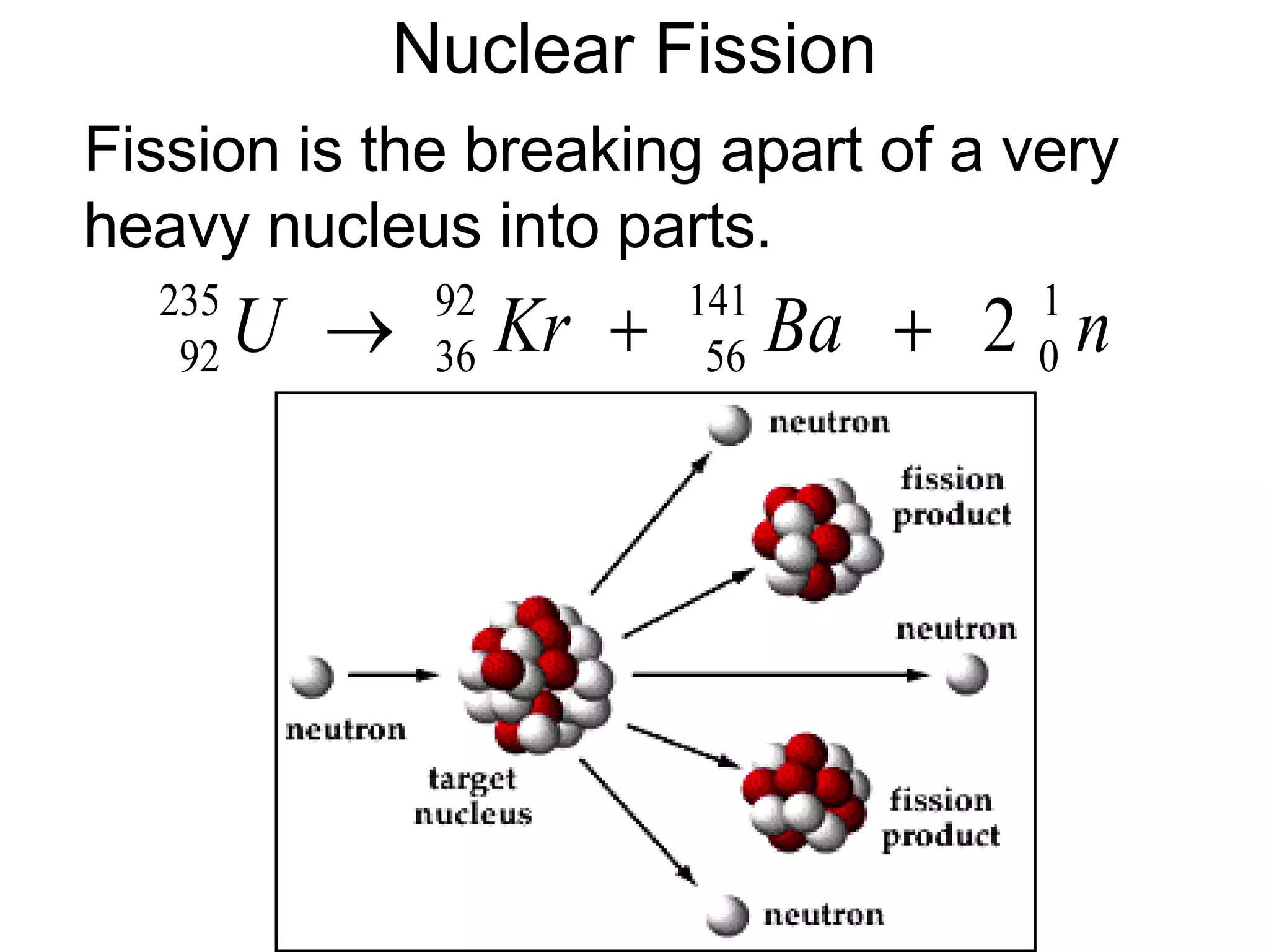 Nuclear Fission Fission is the breaking apart of a very  heavy nucleus into parts. 