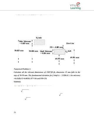 Numerical Problem 3:
Calculate all the relevant dimensions of 35H7/f8 fit, dimension 35 mm falls in the
step of 30-50 mm. The fundamental deviation for f shaft is – 5.5D0.41. i (in microns)
=0.45(D)1/3+0.001D, IT7=16i and IT8=25i.
Solution:
20
0.0090.025The shaft limits are (500.009)and 50(0.0090.016) (Or 50 )Actual maximum and minimum size of holeis 50.025 mmand 50.000 mm, and for shaft is 49.991 mm and 49.mm−−∴−=−+=49.991 mm49.975 mm975 mm.Maximum clearance =UL of holeLL of shaft= (50.025-49.975)=Minimum clearance = LL of holeUL of shaft = (50.000-49.975)=−−0.05 mm0.009 mm
50.000 mm
FD = -0.009 mm
Hole Tolerance
= 0.025 mm
Shaft Tolerance
= 0.016 mm
Zero Line
49.991 mm
49.975 mm
50.025 mm
H7 hole
g shaft
6
33The given size of 35 mm lies in the diameter step of 30-50 mm.D=3050The value of fundamental tolerance unit0.450.001 microns.. 0.4538.70.001(38.7)For a hole of quality 7,iDDiei∴×==+=+=38.7 mm1.56μ(i.e. IT 7) the standard tolerancevalue is =16 Tolerance 161.56i∴×=25μ=0.025 mm
 