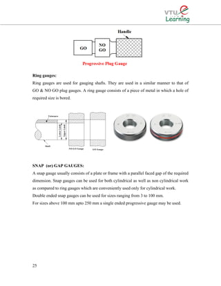 Ring gauges:
Ring gauges are used for gauging shafts. They are used in a similar manner to that of
GO & NO GO plug gauges. A ring gauge consists of a piece of metal in which a hole of
required size is bored.
SNAP (or) GAP GAUGES:
A snap gauge usually consists of a plate or frame with a parallel faced gap of the required
dimension. Snap gauges can be used for both cylindrical as well as non cylindrical work
as compared to ring gauges which are conveniently used only for cylindrical work.
Double ended snap gauges can be used for sizes ranging from 3 to 100 mm.
For sizes above 100 mm upto 250 mm a single ended progressive gauge may be used.
25
 