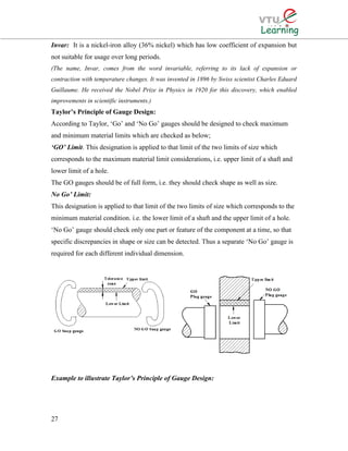 Invar: It is a nickel-iron alloy (36% nickel) which has low coefficient of expansion but
not suitable for usage over long periods.
(The name, Invar, comes from the word invariable, referring to its lack of expansion or
contraction with temperature changes. It was invented in 1896 by Swiss scientist Charles Eduard
Guillaume. He received the Nobel Prize in Physics in 1920 for this discovery, which enabled
improvements in scientific instruments.)
Taylor’s Principle of Gauge Design:
According to Taylor, ‘Go’ and ‘No Go’ gauges should be designed to check maximum
and minimum material limits which are checked as below;
‘GO’ Limit. This designation is applied to that limit of the two limits of size which
corresponds to the maximum material limit considerations, i.e. upper limit of a shaft and
lower limit of a hole.
The GO gauges should be of full form, i.e. they should check shape as well as size.
No Go’ Limit:
This designation is applied to that limit of the two limits of size which corresponds to the
minimum material condition. i.e. the lower limit of a shaft and the upper limit of a hole.
‘No Go’ gauge should check only one part or feature of the component at a time, so that
specific discrepancies in shape or size can be detected. Thus a separate ‘No Go’ gauge is
required for each different individual dimension.
Example to illustrate Taylor’s Principle of Gauge Design:
27
 