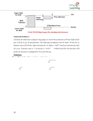 Numerical Problem 1:
Calculate the dimensions of plug & ring gauges to control the production of 50 mm shaft & hole
pair of H7d8 as per IS specifications. The following assumptions may be made: 50 mm lies in
diameter step of 30-50 mm. Upper deviation for ‘d’ shaft is -16D0.44 and lower deviation for hole
H is zero. Tolerance unit in ‘i’ in microns is =0.45∛ +0.001D and IT6=10i and above IT6
grade, the tolerance is multiplied by 10 at each 5th step.
Solution:
30
33() The given size of 50 mm liesin the diameter step of 30-50 mm. D=3050() The value of fundamental tolerance unit0.450.001 microns .. 0.4538.70.001(38.7)() GiveniiiiDDieiiii∴×==+=+=38.7 mm1.56μth1/50.2that for quality 6, i.e. IT 6 =10and tolerance is 10 times at 5 Step 7610101015.84Tolerance for IT7 =15.841.56For the H hole, the fundamental deviation (FD) is zero.iITITii⇒=×=×=∴×=0.0247 mm0.02470.0000.40.40.4work tolerance on the hole(50.024750)(Or50 )()For quality 8 shaft, tolerance = IT8 =IT6101010Work tolerance for shaft =(101.56)10=For shaftmmivig+−∴=−=×=×∴××0.0247 mm0.0391 mm0.440.44the FD is -16D16(38.73)0.080.0391Hence lower deviation ==−=−−=-80μ=-0.08 mm-0.1191mm
 