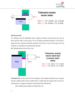 Interference Fit:
It is defined as the fit established when a negative clearance exists between the sizes of
holes and the shaft. In this type of fit, the minimum permitted diameter of the shaft is
larger than the maximum allowable diameter of the hole. In case of this type of fit, the
members are intended to be permanently attached.
Ex: Bearing bushes, Keys & key ways
Transition Fit: In this type of fit, the diameter of the largest allowable hole is greater
than the smallest shaft, but the smallest hole is smaller than the largest shaft, such that a
small positive or negative clearance exists between the shaft & hole.
Ex: Coupling rings, Spigot in mating holes, etc.
7
 