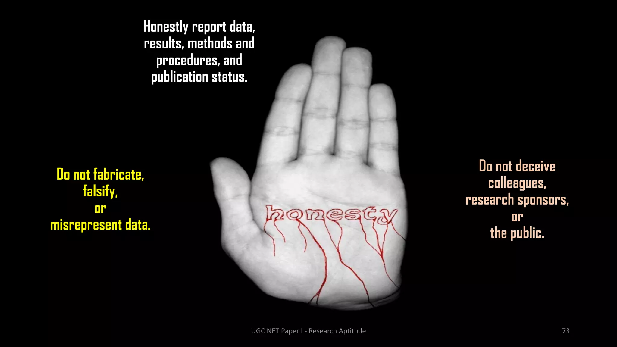 Honestly report data,
results, methods and
procedures, and
publication status.
Do not deceive
colleagues,
research sponsors,
or
the public.
Do not fabricate,
falsify,
or
misrepresent data.
UGC NET Paper I - Research Aptitude 73
 