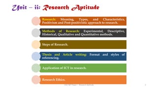 Unit – ii: Research Aptitude
Research: Meaning, Types, and Characteristics,
Positivism and Post-positivistic approach to research.
Methods of Research: Experimental, Descriptive,
Historical, Qualitative and Quantitative methods.
Steps of Research.
Thesis and Article writing: Format and styles of
referencing.
Application of ICT in research.
Research Ethics.
UGC NET Paper I - Research Aptitude 2
 