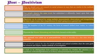 Post – Positivism
What we should carry out research in social sciences in ways that are similar to the methods
within the natural sciences.
Two people observe the same event but understand it differently, based upon their own
experiences and beliefs.
Objectivity can be achieved by using multiple measurements, observations and triangulating
the data to gain a more clear comprehension of what’s going on as a general rule.
Since the inception of the 21st century, the focus of research shifted from ‘reality’ to ‘critical
reality’.
Physicists like Werner Heisenberg and Niels Bohr focused on this reality.
This approach was called up as post-positivism, which it describes as a less strict form of
positivism.
Post positivists support the idea that social scientists and natural scientists share the same goals
for research and employ similar methods of investigation.
It tends to be distinguished from positivism as indicated by whether the attention is on
hypothesis verification(positivism) or on theory misrepresentation(post-positivism).
UGC NET Paper I - Research Aptitude 34
 