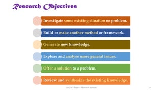 Research Objectives
Investigate some existing situation or problem.
Build or make another method or framework.
Generate new knowledge.
Explore and analyse more general issues.
Offer a solution to a problem.
Review and synthesize the existing knowledge.
UGC NET Paper I - Research Aptitude 8
 