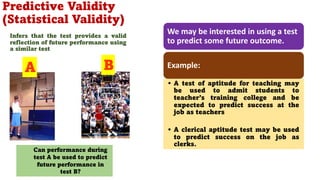 Infers that the test provides a valid
reflection of future performance using
a similar test
Can performance during
test A be used to predict
future performance in
test B?
A B
Predictive Validity
(Statistical Validity)
90
We may be interested in using a test
to predict some future outcome.
Example:
• A test of aptitude for teaching may
be used to admit students to
teacher’s training college and be
expected to predict success at the
job as teachers
• A clerical aptitude test may be used
to predict success on the job as
clerks.
 