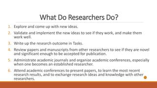 What Do Researchers Do?
1. Explore and come up with new ideas.
2. Validate and implement the new ideas to see if they work, and make them
work well.
3. Write up the research outcome in Tasks.
4. Review papers and manuscripts from other researchers to see if they are novel
and significant enough to be accepted for publication.
5. Administrate academic journals and organize academic conferences, especially
when one becomes an established researcher.
6. Attend academic conferences to present papers, to learn the most recent
research results, and to exchange research ideas and knowledge with other
researchers.
 