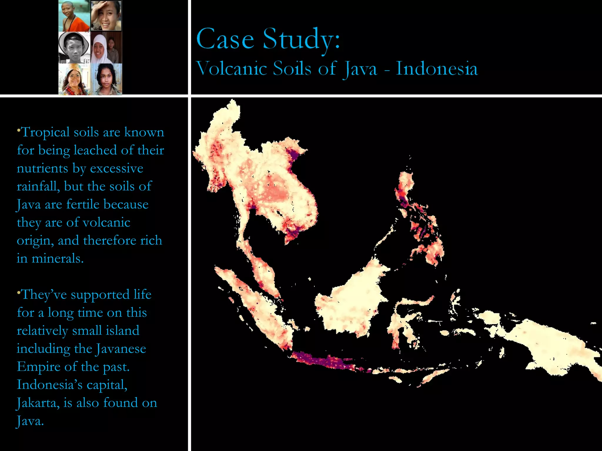 Tropical soils are known for being leached of their nutrients by excessive rainfall, but the soils of Java are fertile because they are of volcanic origin, and therefore rich in minerals.  They’ve supported life for a long time on this relatively small island including the Javanese Empire of the past.  Indonesia’s capital, Jakarta, is also found on Java. 