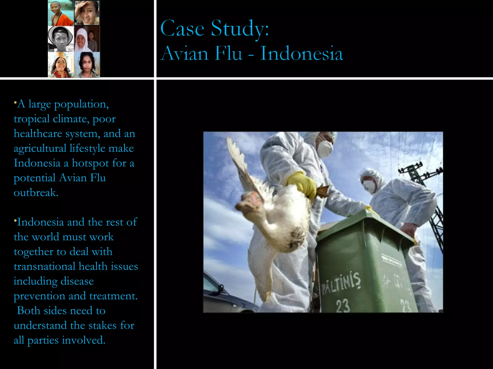 A large population, tropical climate, poor healthcare system, and an agricultural lifestyle make Indonesia a hotspot for a potential Avian Flu outbreak.  Indonesia and the rest of the world must work together to deal with transnational health issues including disease prevention and treatment.  Both sides need to understand the stakes for all parties involved. 