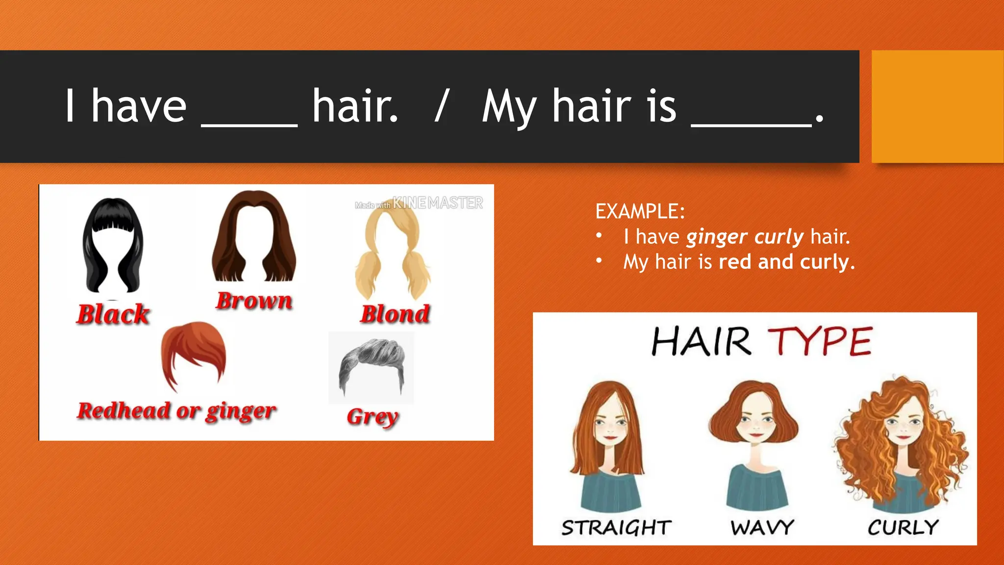 I have ____ hair. / My hair is _____.
EXAMPLE:
• I have ginger curly hair.
• My hair is red and curly.
 