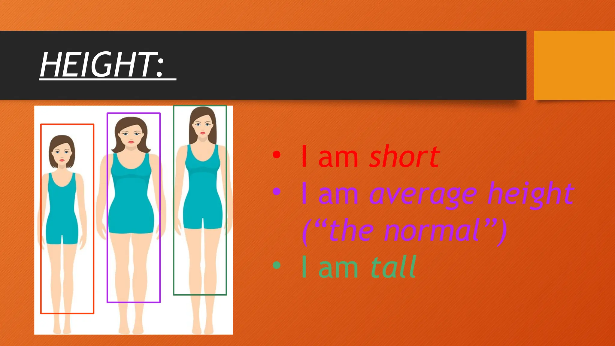HEIGHT:
• I am short
• I am average height
(“the normal”)
• I am tall
 