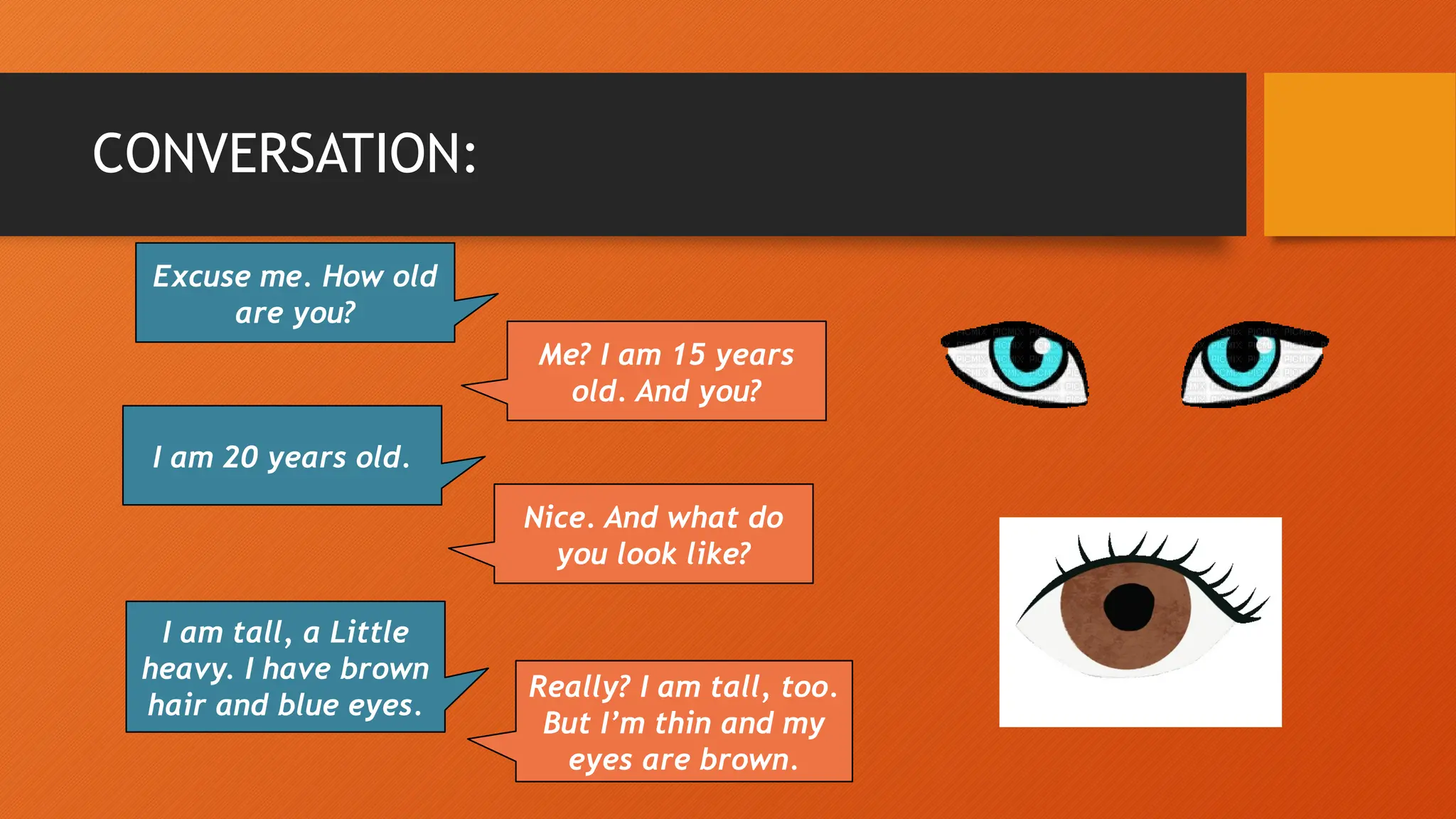 CONVERSATION:
Excuse me. How old
are you?
Me? I am 15 years
old. And you?
I am 20 years old.
Nice. And what do
you look like?
I am tall, a Little
heavy. I have brown
hair and blue eyes.
Really? I am tall, too.
But I’m thin and my
eyes are brown.
 