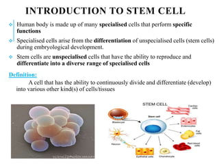 INTRODUCTION TO STEM CELL
 Human body is made up of many specialised cells that perform specific
functions
 Specialised cells arise from the differentiation of unspecialised cells (stem cells)
during embryological development.
 Stem cells are unspecialised cells that have the ability to reproduce and
differentiate into a diverse range of specialised cells
Definition:
A cell that has the ability to continuously divide and differentiate (develop)
into various other kind(s) of cells/tissues
 