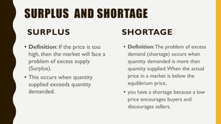 SURPLUS AND SHORTAGE
SURPLUS
• Definition: If the price is too
high, then the market will face a
problem of excess supply
(Surplus).
• This occurs when quantity
supplied exceeds quantity
demanded.
SHORTAGE
• Definition:The problem of excess
demand (shortage) occurs when
quantity demanded is more than
quantity supplied.When the actual
price in a market is below the
equilibrium price,
• you have a shortage because a low
price encourages buyers and
discourages sellers.
 