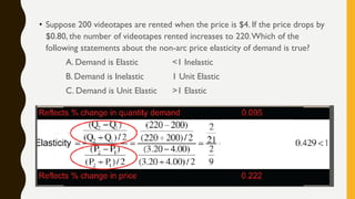 • Suppose 200 videotapes are rented when the price is $4. If the price drops by
$0.80, the number of videotapes rented increases to 220.Which of the
following statements about the non-arc price elasticity of demand is true?
A. Demand is Elastic <1 Inelastic
B. Demand is Inelastic 1 Unit Elastic
C. Demand is Unit Elastic >1 Elastic
 