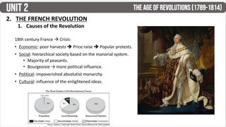 1. Causes of the Revolution
2. THE FRENCH REVOLUTION
18th century France  Crisis:
• Economic: poor harvests  Price raise  Popular protests.
• Social: hierarchical society based on the manorial system.
• Majority of peasants.
• Bourgeoisie → more political influence.
• Political: impoverished absolutist monarchy.
• Cultural: influence of the enlightened ideas.
 