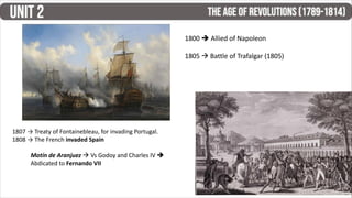 1800  Allied of Napoleon
1805  Battle of Trafalgar (1805)
1807 → Treaty of Fontainebleau, for invading Portugal.
1808 → The French invaded Spain
Motín de Aranjuez  Vs Godoy and Charles IV 
Abdicated to Fernando VII
 
