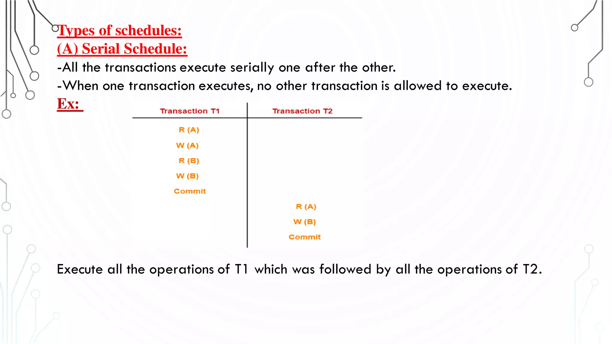 Types of schedules:
(A) Serial Schedule:
-All the transactions execute serially one after the other.
-When one transaction executes, no other transaction is allowed to execute.
Ex:
Execute all the operations of T1 which was followed by all the operations of T2.
 