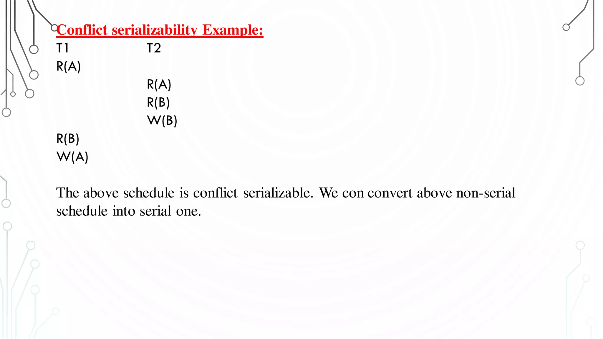 Conflict serializability Example:
T1 T2
R(A)
R(A)
R(B)
W(B)
R(B)
W(A)
The above schedule is conflict serializable. We con convert above non-serial
schedule into serial one.
 