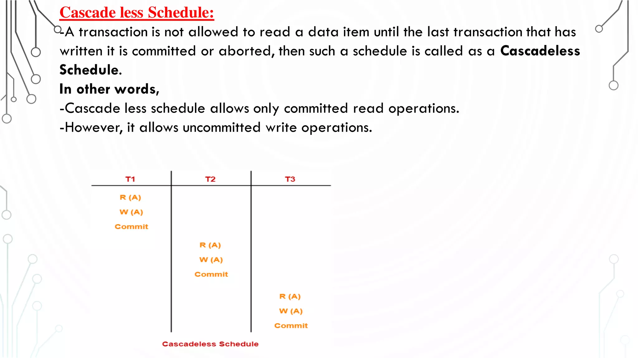 Cascade less Schedule:
-A transaction is not allowed to read a data item until the last transaction that has
written it is committed or aborted, then such a schedule is called as a Cascadeless
Schedule.
In other words,
-Cascade less schedule allows only committed read operations.
-However, it allows uncommitted write operations.
 
